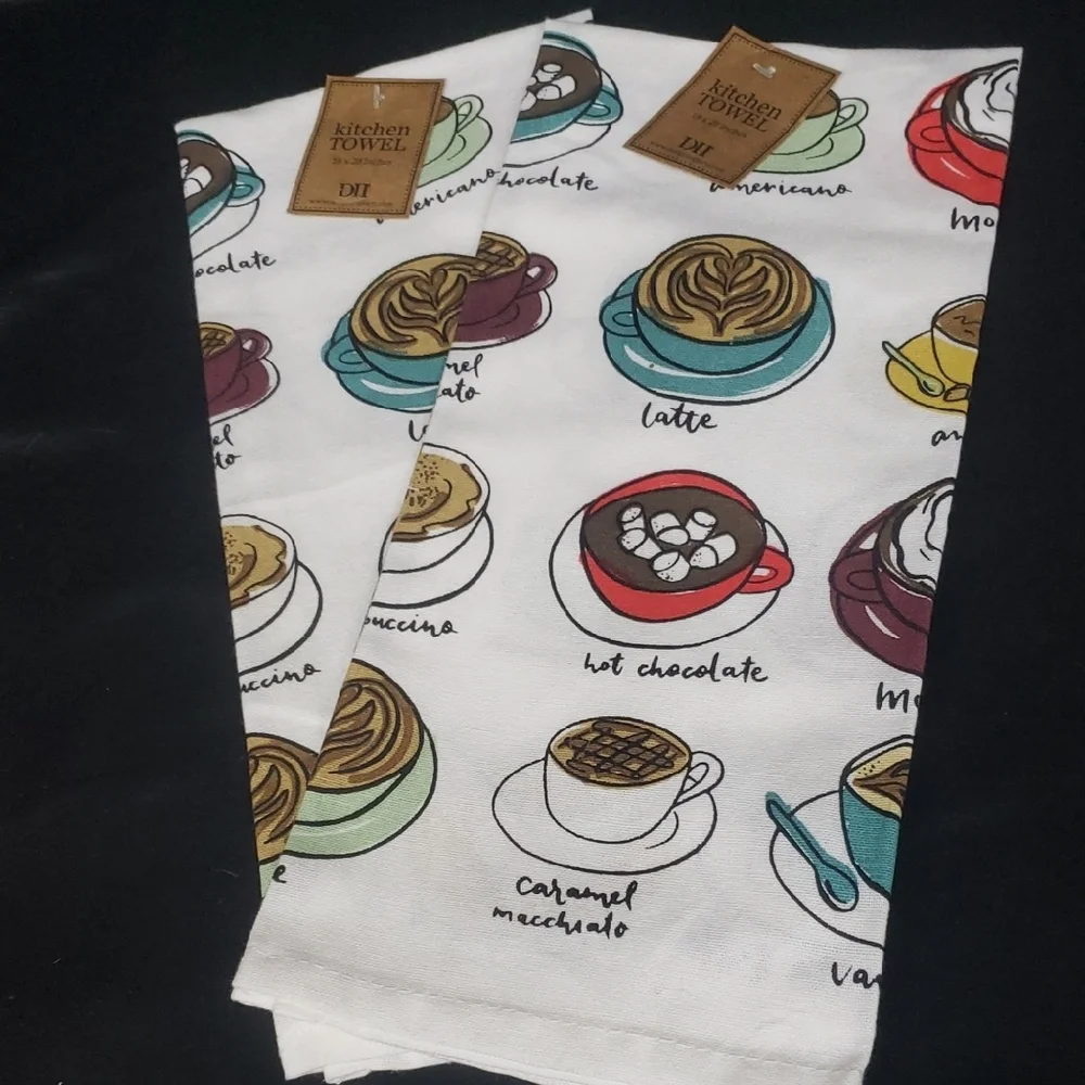 Design Imports NWT 100% Cotton Kitchen Towel Set/2 with Coffee Design